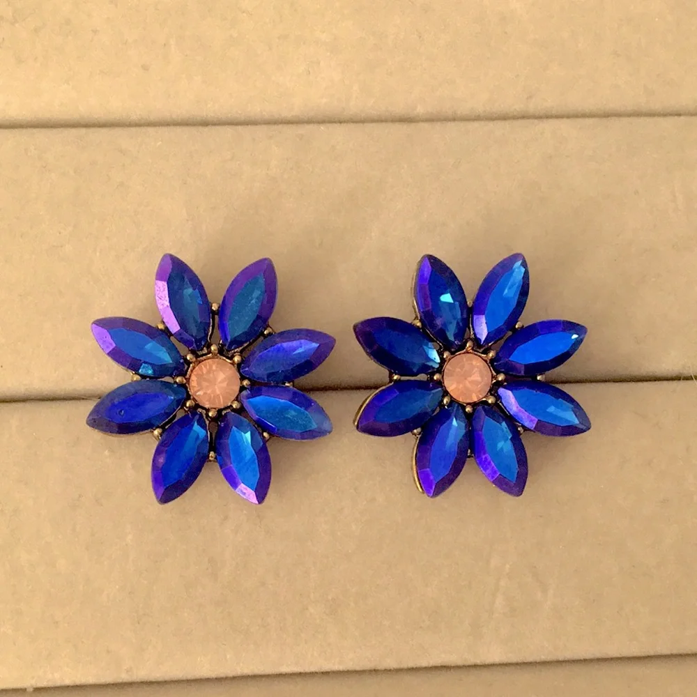 Violet Blue Aurora Borealis + Pink Opal Crystal Flower Statement Earrings